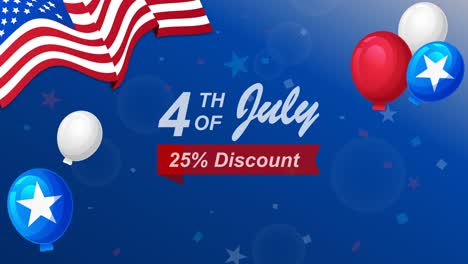 Saludos-Del-4-De-Julio-Por-Un-25%-De-Descuento-En-Una-Tienda-Con-Bandera-Americana,-Fuegos-Artificiales-Y-Globos