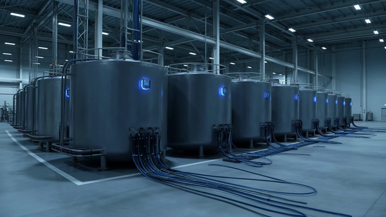 Row of Large Industrial Tanks with Glowing Blue Screens in Modern Factory