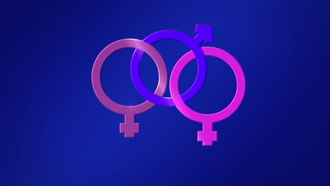 animation of bisexual symbol, linked purple and pink male and two female gender symbols on blue