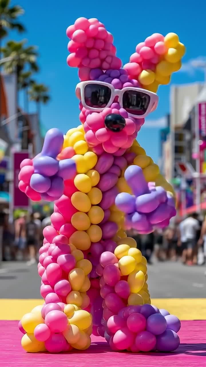 A pink and yellow balloon dog wearing sunglasses on a pink carpet
