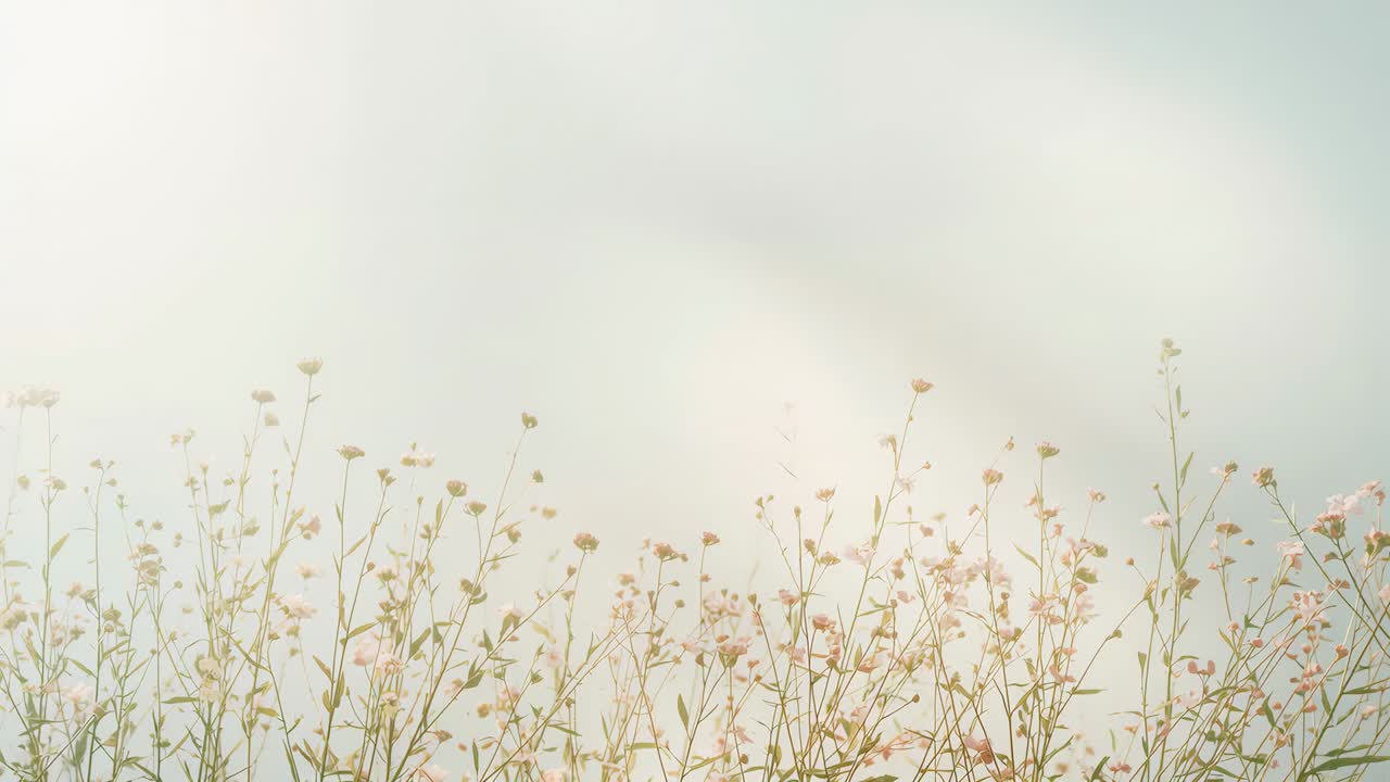 Swaying wildflower stems with pink blossoms and dried seed heads bending in gentle breeze in meadow