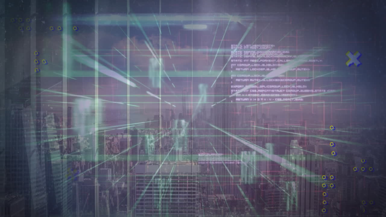 animación del procesamiento de datos y senderos de luz contra la vista aérea del paisaje urbano.