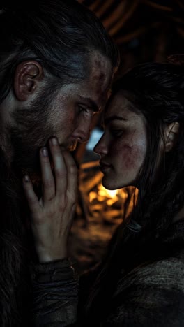 emotional moment between two warriors by the fire