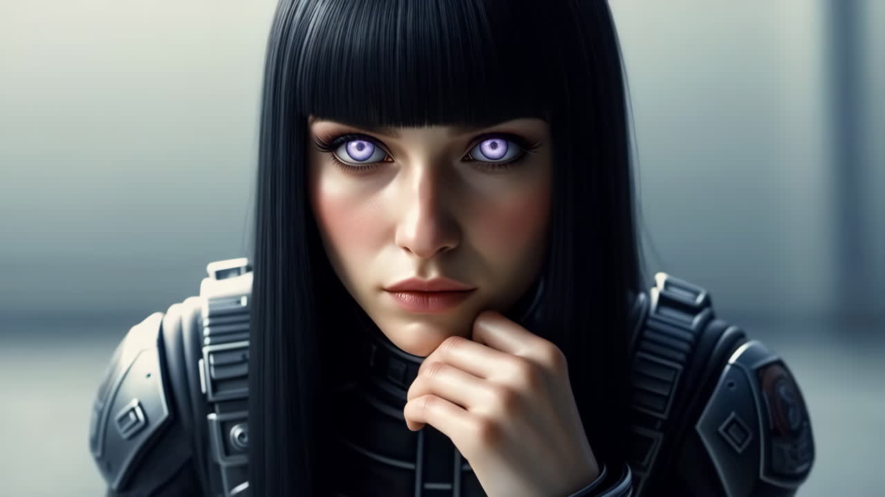 Una donna cyberpunk con occhi viola