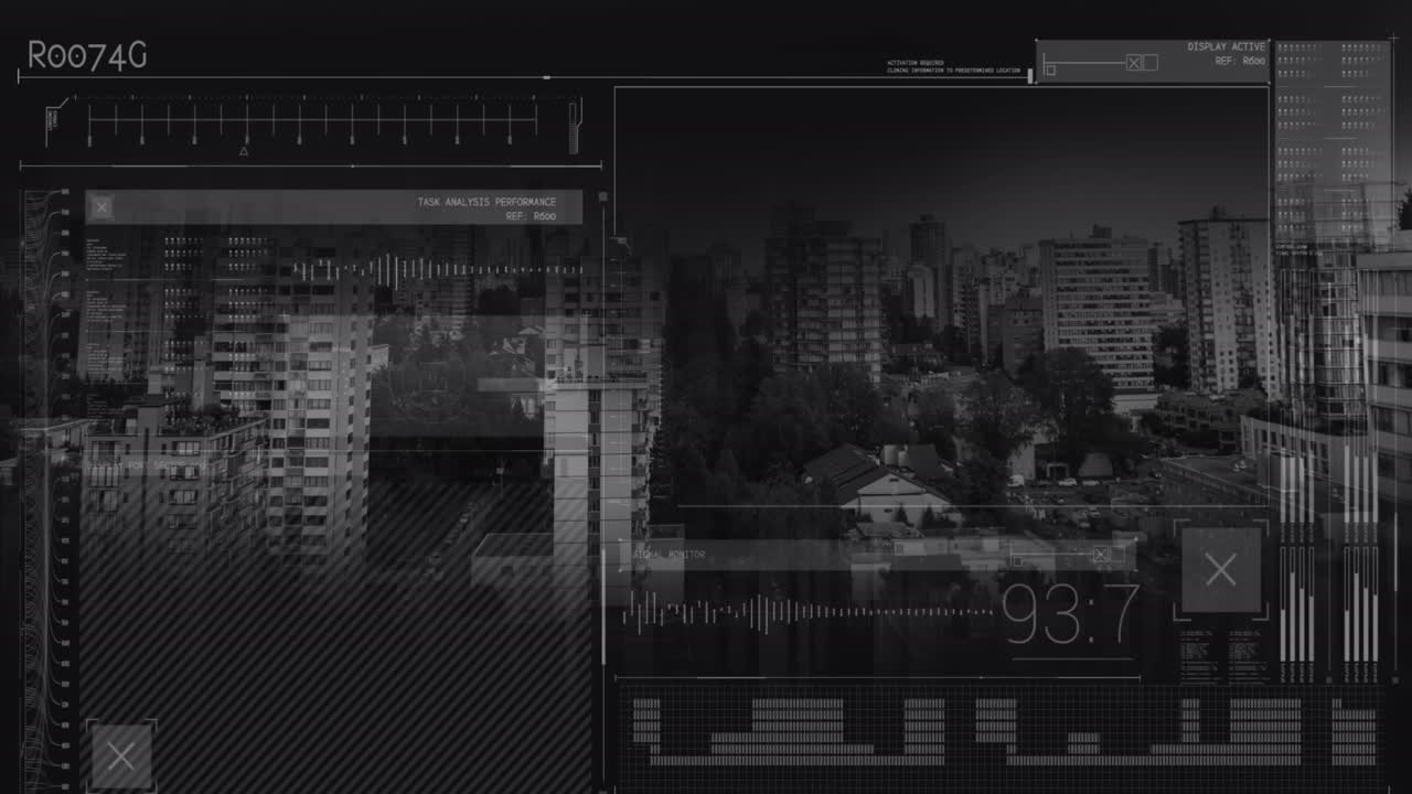 도시 풍경 위의 데이터 처리 애니메이션