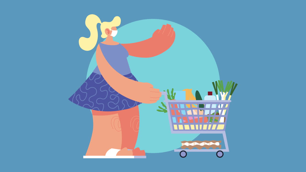 covid-19 보호를 위해 식료품을 구입하는 의료 마스크를 착용한 주부