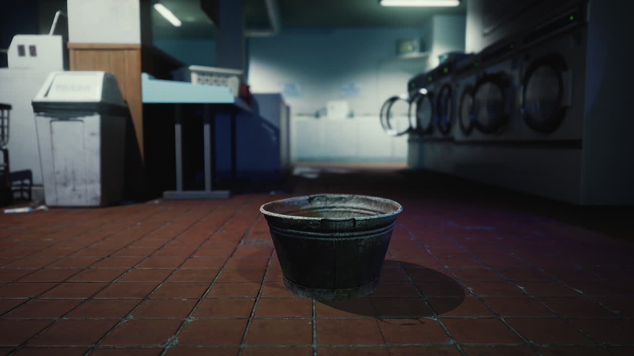 un cubo sucio sentado en una lavandería