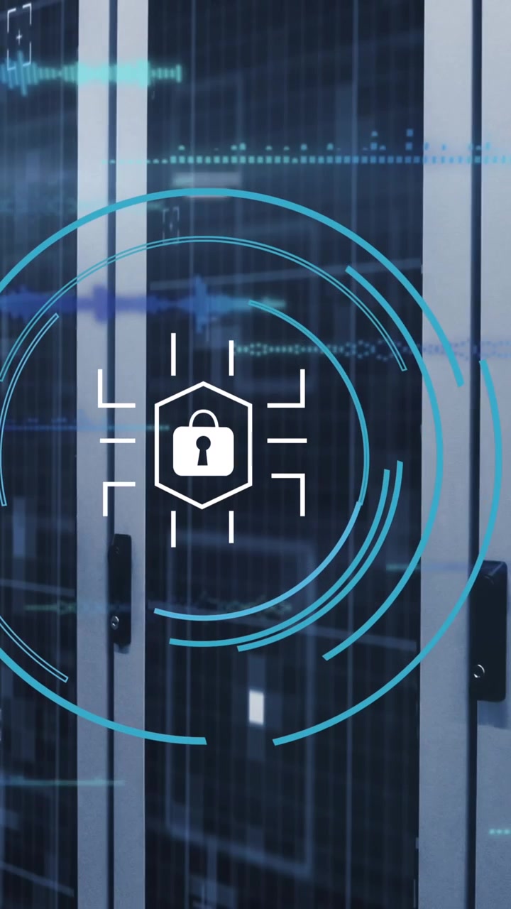 Animation of security padlock icon over round scanner and data processing against server room
