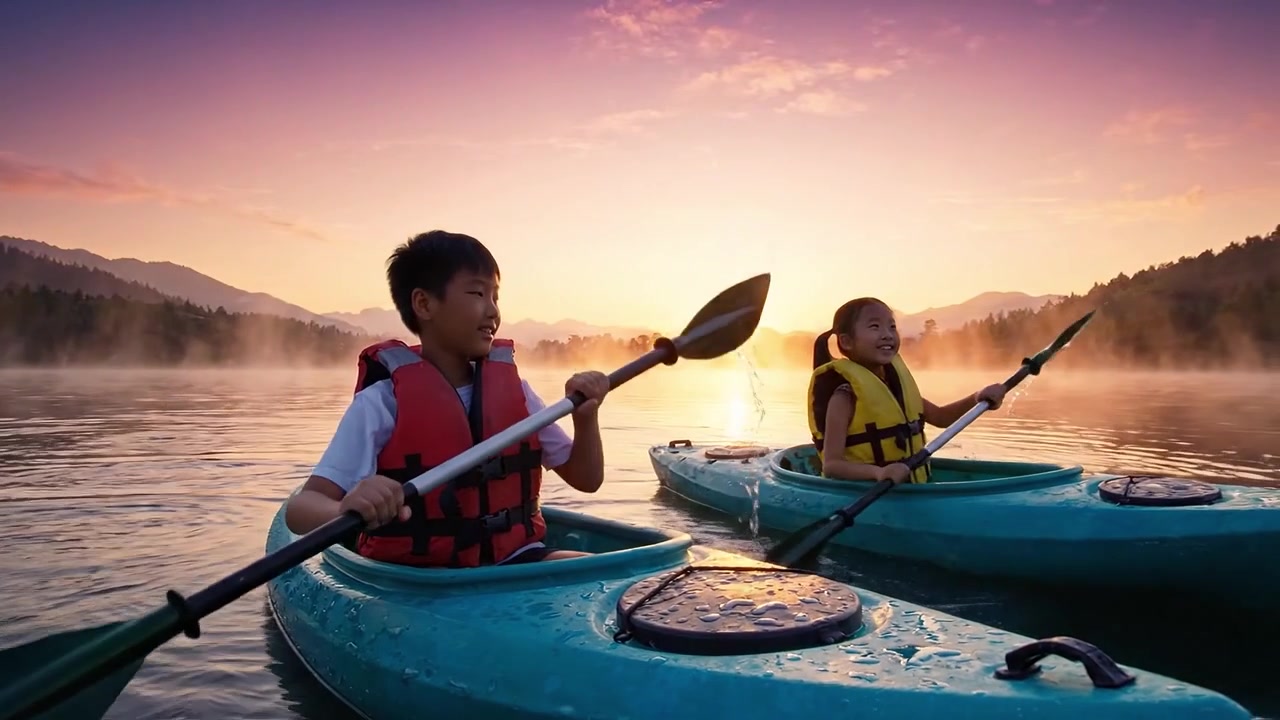 Bambini in kayak all'alba: Un viaggio sereno sull'acqua, circondati da nebbia e montagne, che cattura la gioia dell'avventura all'aria aperta e la bellezza della natura