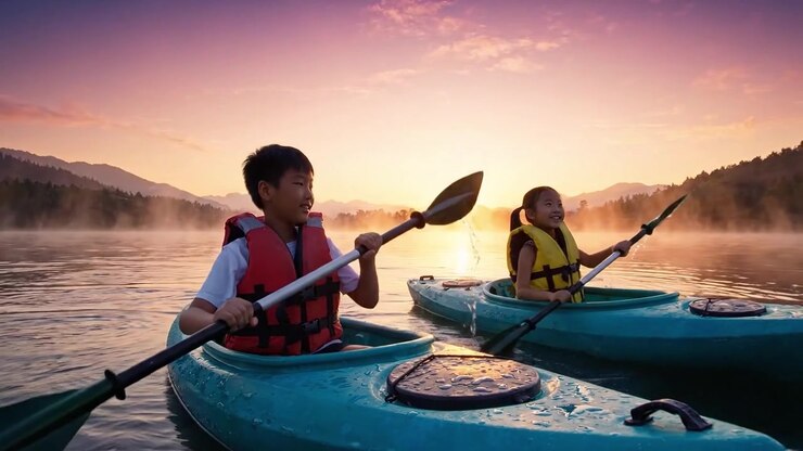 Bambini in kayak all'alba: Un viaggio sereno sull'acqua, circondati da nebbia e montagne, che cattura la gioia dell'avventura all'aria aperta e la bellezza della natura