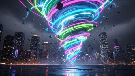 a stunning visual of a colorful tornado forming in a futuristic urban landscape, illuminated by neon lights and surrounded by stormy skies