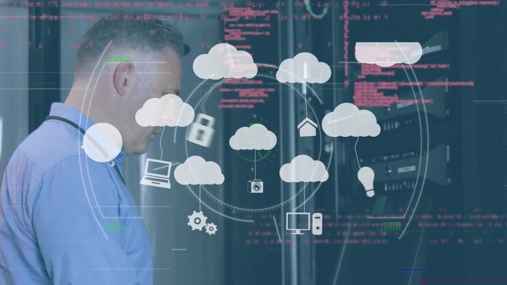 Animation of tech icons with clouds and data processing over caucasian man checking servers