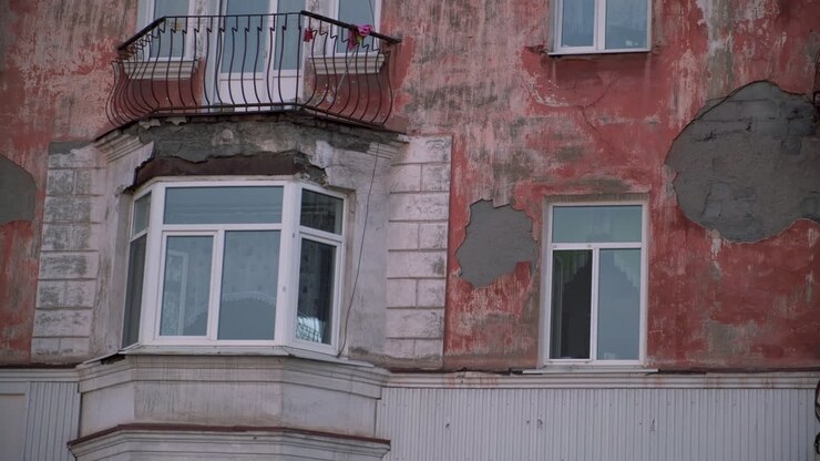Facciata di un vecchio edificio con pittura deteriorata e balconi