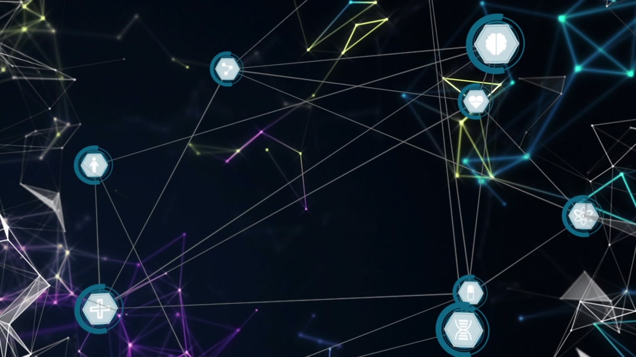 Animation of network of connections with icons over shapes on black background