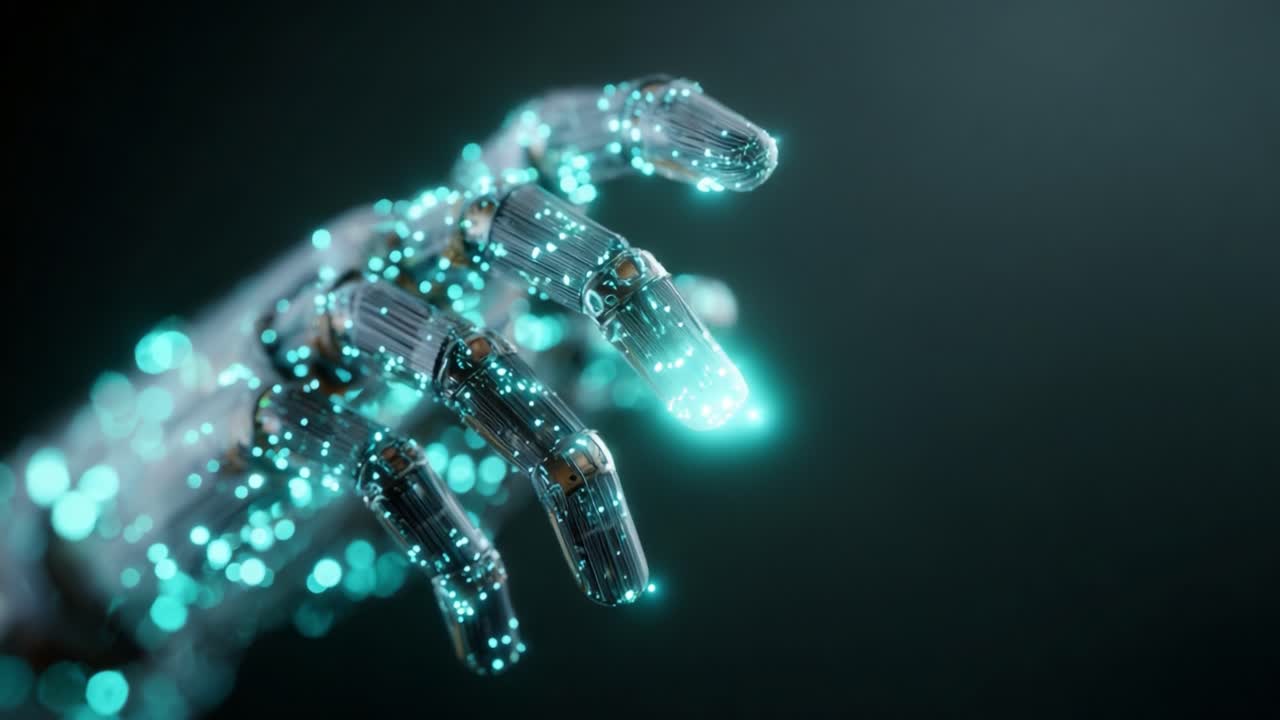 A Futuristic Robotic Hand Illuminated with a Neon Glow, Showcasing Intricate Designs and Advanced Technology in a Stunning Visual Representation