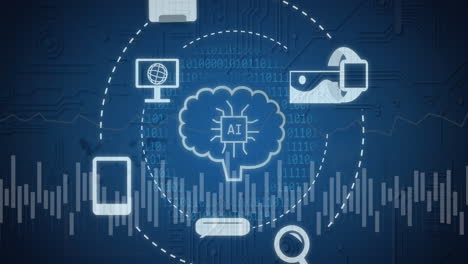 animación de un procesamiento de datos con iconos y red de conexiones
