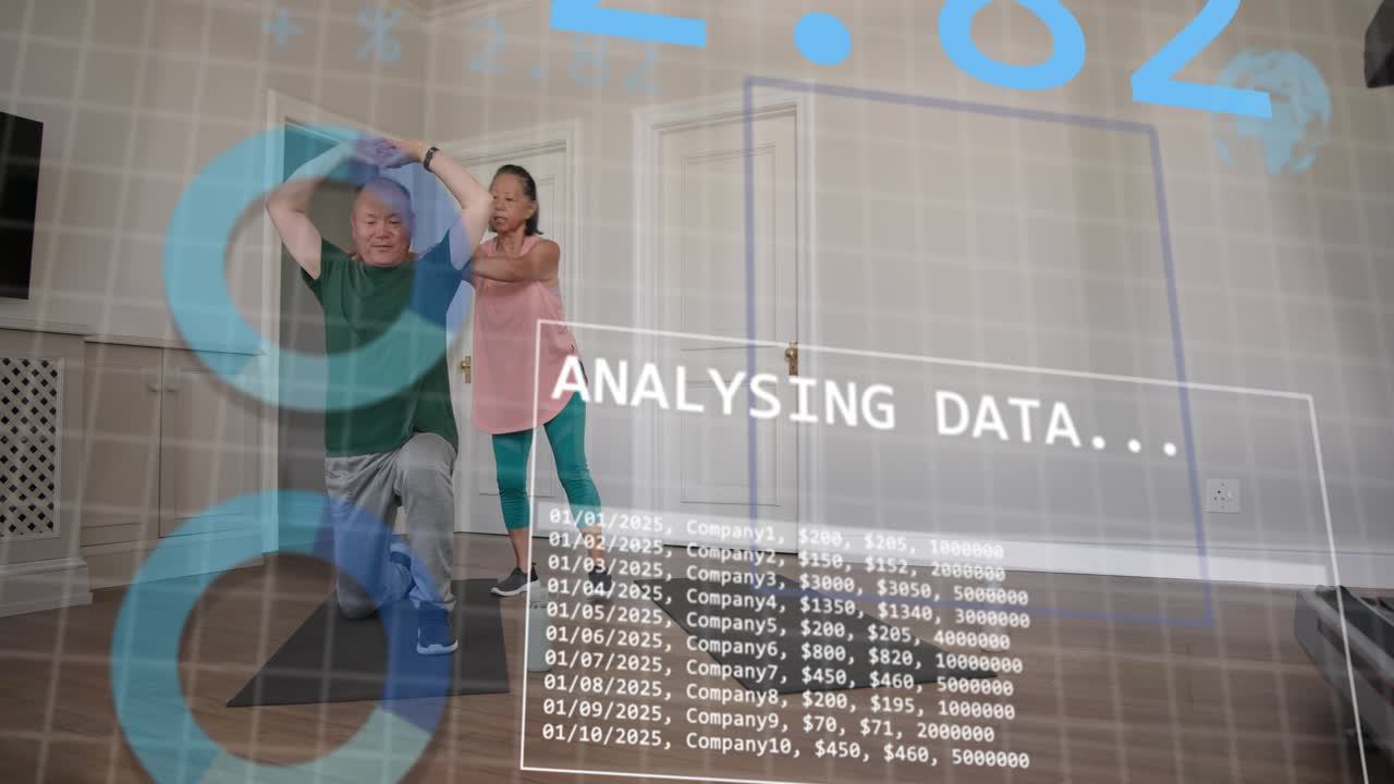Female instructor cueing man, guiding fitness stretch while data overlay tracking progress