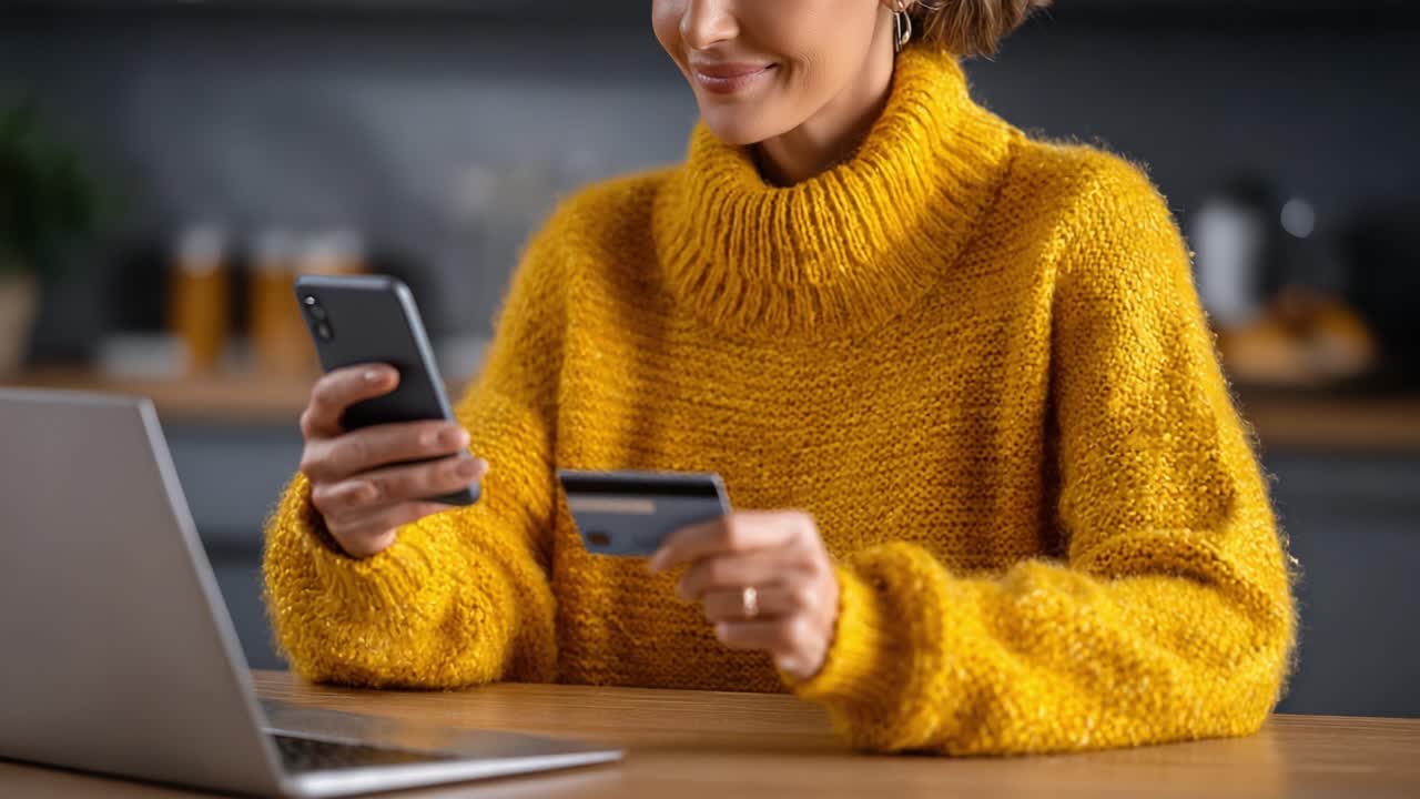 A woman in a cozy yellow sweater engaged in online shopping, holding a smartphone and a credit card, focused on her digital purchase at a home workspace