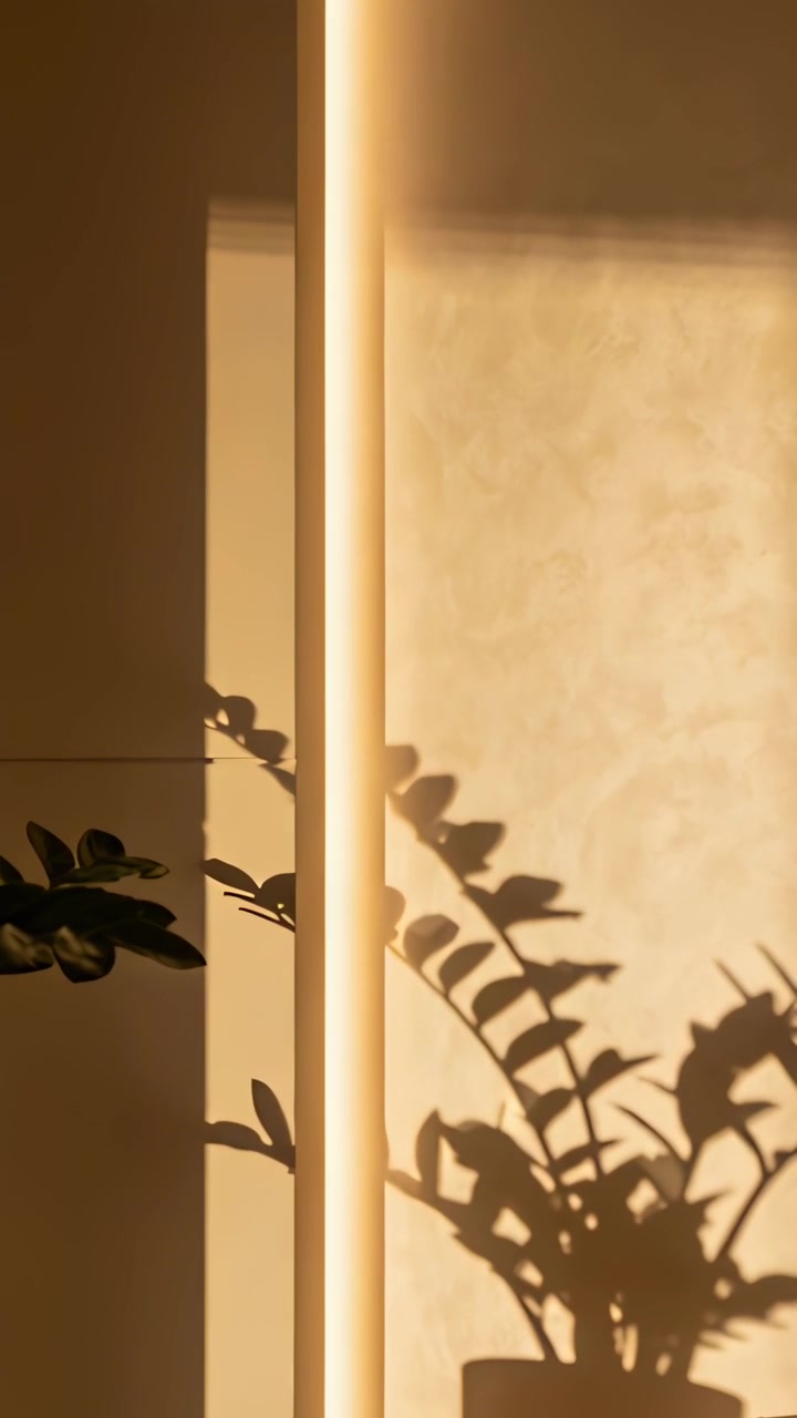 Vertical video: Entering warm sun casting potted plant shadow at home by window, narrow light strip