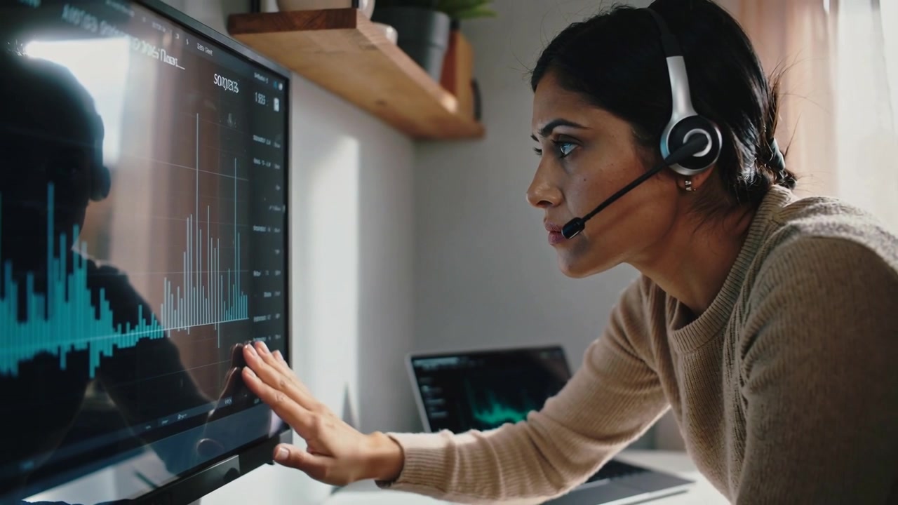 Seeing chart peaks, woman with headset in sweater swiping monitor at home, viewing data, copy space