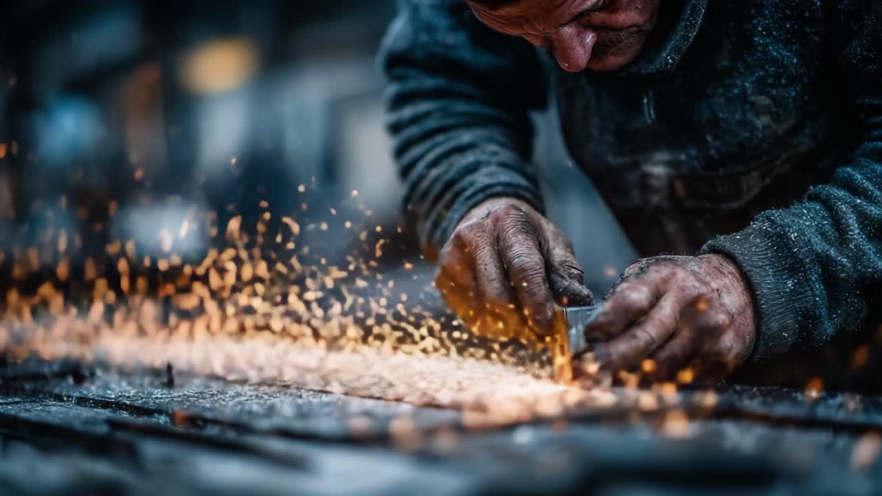 An Intense Focus on Craftsmanship: A Skilled Artisan at Work Creating Sparks in a Metal Workshop, Capturing the Beauty of Craft and Attention to Detail