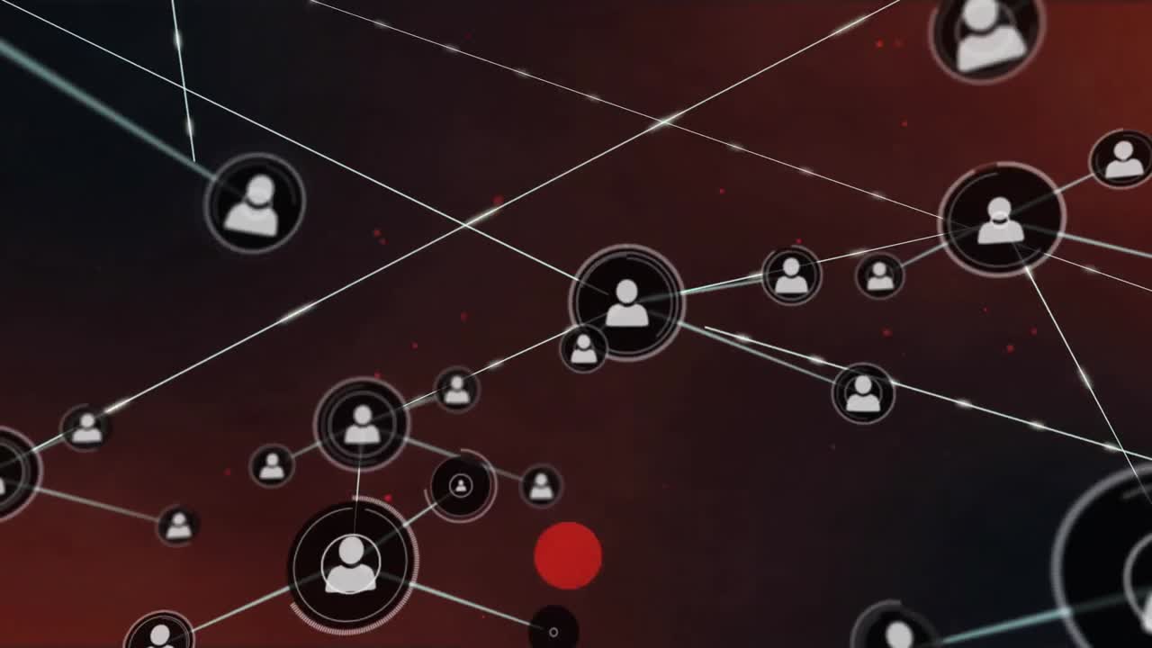 animación de la red de conexiones con iconos de personas digitales sobre manchas rojas