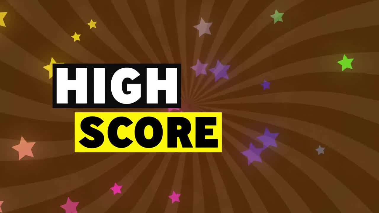 갈색 줄무 바탕에 높은 점수 텍스트와 다채로운 별 모양의 애니메이션