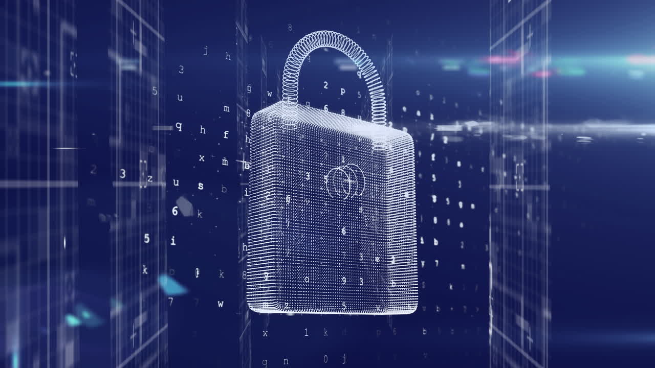 Animation of data processing and padlock on blue background