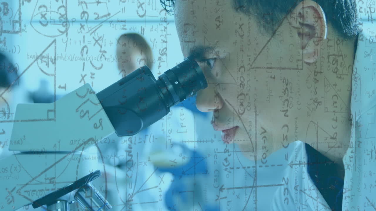 Animation of mathematical equations over biracial male scientist using microscope in lab