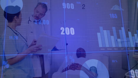doctor and nurse reviewing patient vitals in hospital room, with digital bar charts floating