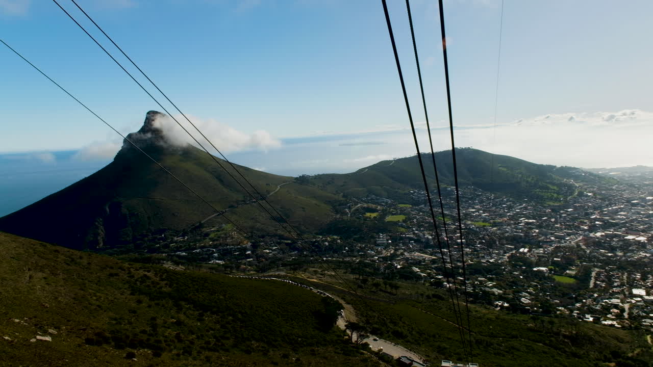 Panning shot over Cape Town and Lion's Head from Table Mountain cable car