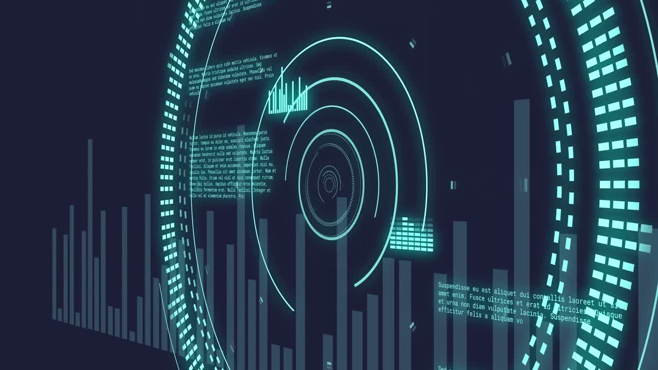 animación del escáner redondo de neón y procesamiento de datos estadísticos contra un fondo azul.