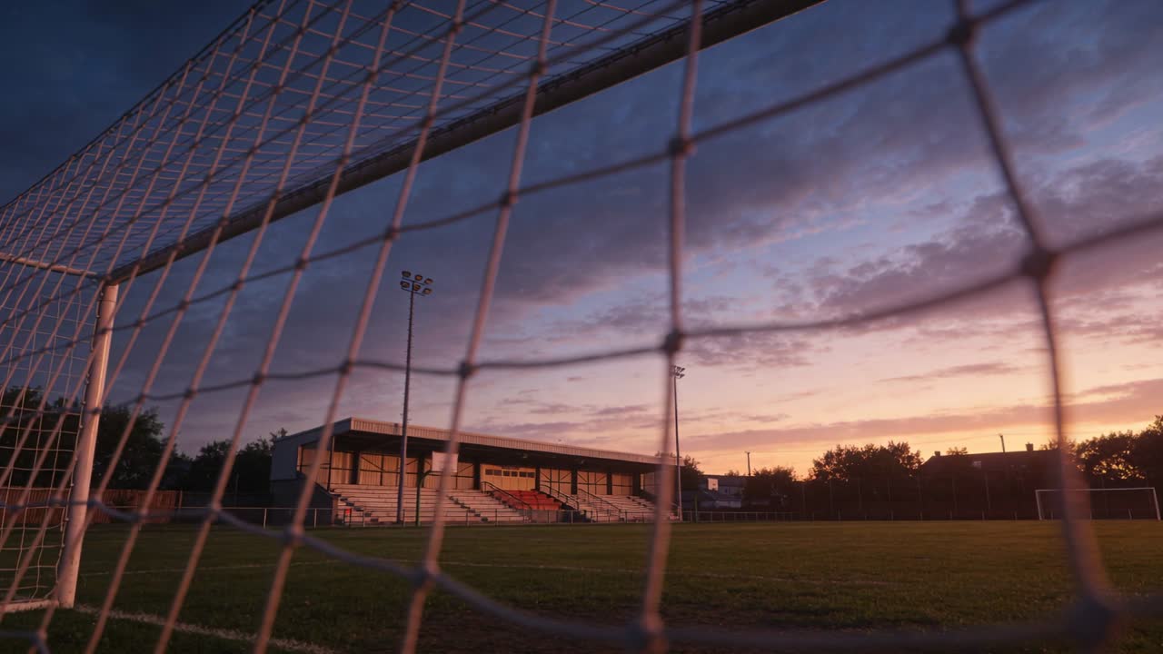 Starting panning camera revealing soccer goal net and goalpost at grass pitch, capturing dusk sky