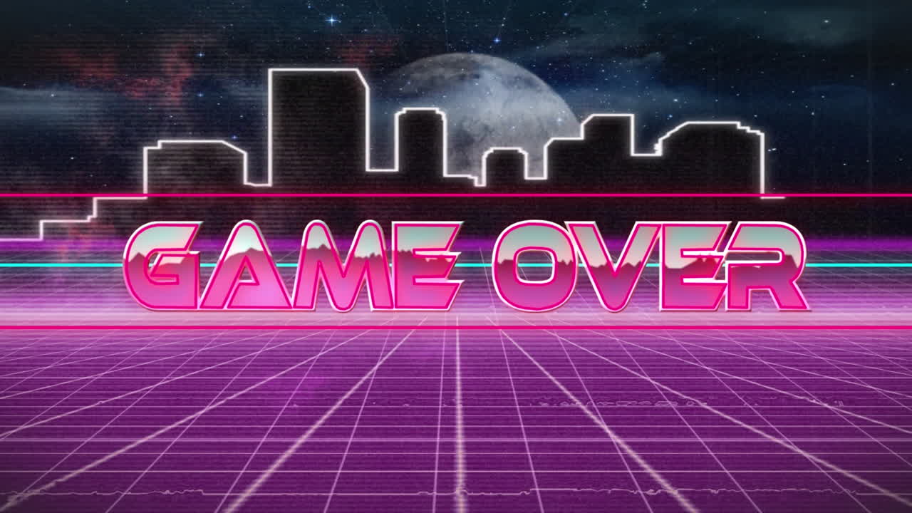 보라색 그리드 네트워크와 도시 풍경에 대한 네온 배너 위에 텍스트 위에 게임의 디지털 애니메이션