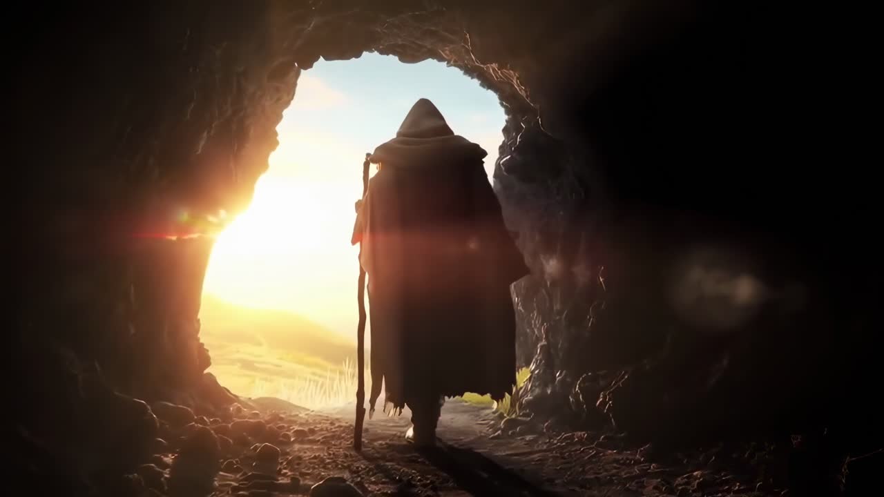 Una scena video cinematografica di una figura incappucciata che esce da una grotta all'alba, ripresa da dietro