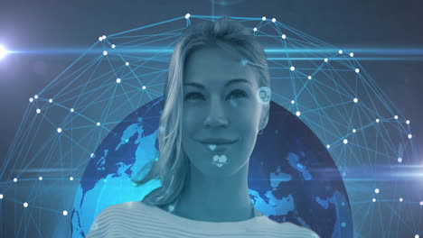 digital network animation overlaying globe, smiling woman in futuristic setting