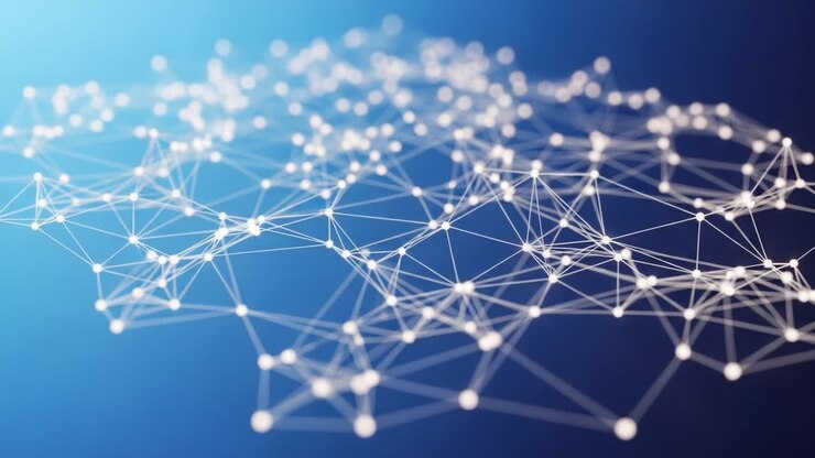 Una visualizzazione dinamica di connettività astratta e rappresentazione dei dati, che mostra una rete di punti e linee su uno sfondo blu sfumato