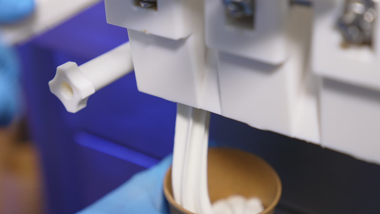 Hand in blue gloves puts a paper cup under a food automat. Soft creamy ice-cream is filling the cup close up.