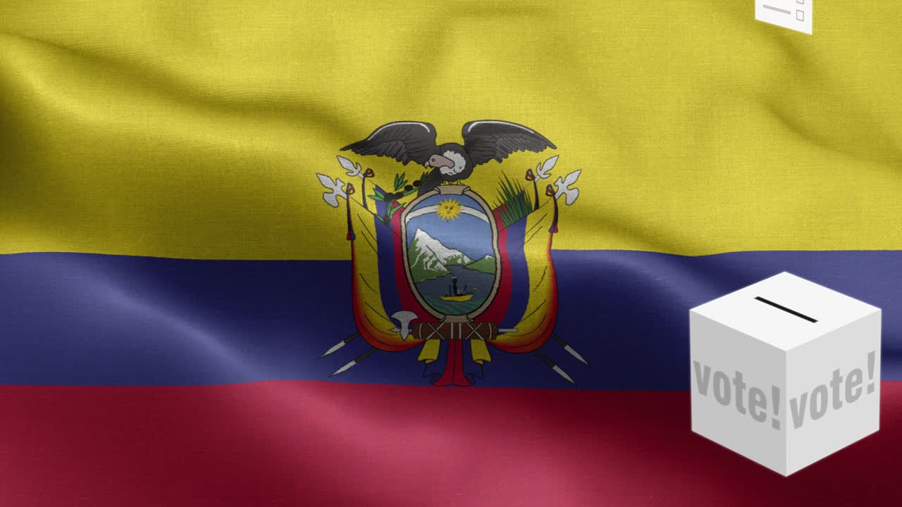Ballot box in front of flag - Ballots fly to box for Ecuador selection - Election - Vote - Flag Of Ecuador - Ecuador Flag High Detail - National flag Ecuador wave Pattern loopable Elements - Fabric texture and endless loop