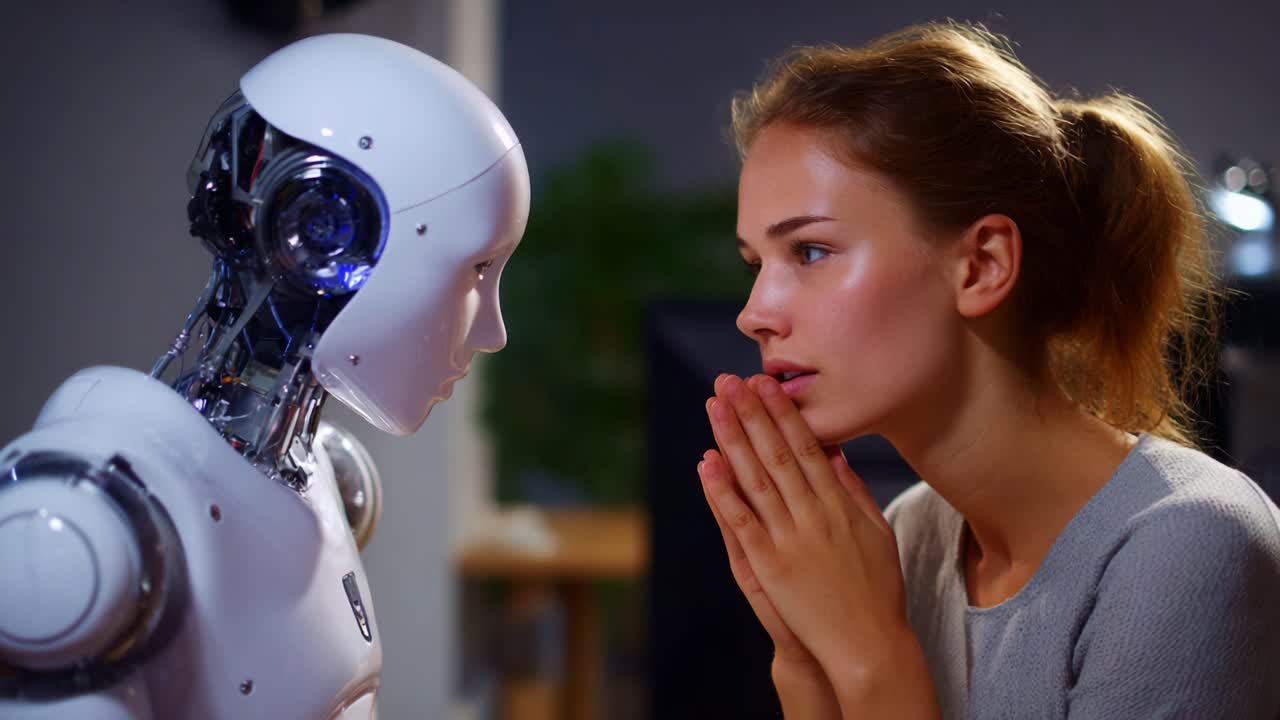 Eine nachdenkliche Begegnung zwischen Mensch und Roboter: Erkundung von Emotionen und Verbindungen in einer modernen technologischen Welt