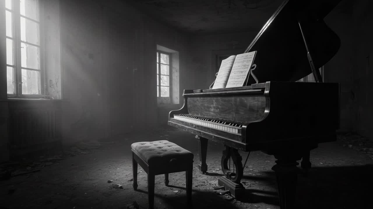 An Abandoned Grand Piano in a Dusty Room Illuminated by Sunbeams, Conveying a Sense of Lost Melodies and Forgotten Memories in the Air