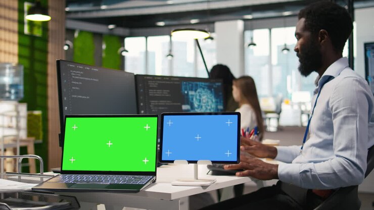Sviluppatore Software che Utilizza l'AI su Schermo Isolato di Laptop e Tablet