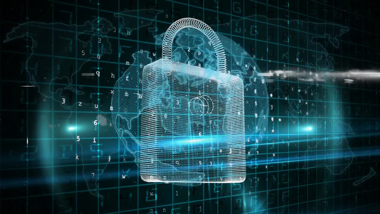 Animation of globe with online security padlock and network of connections