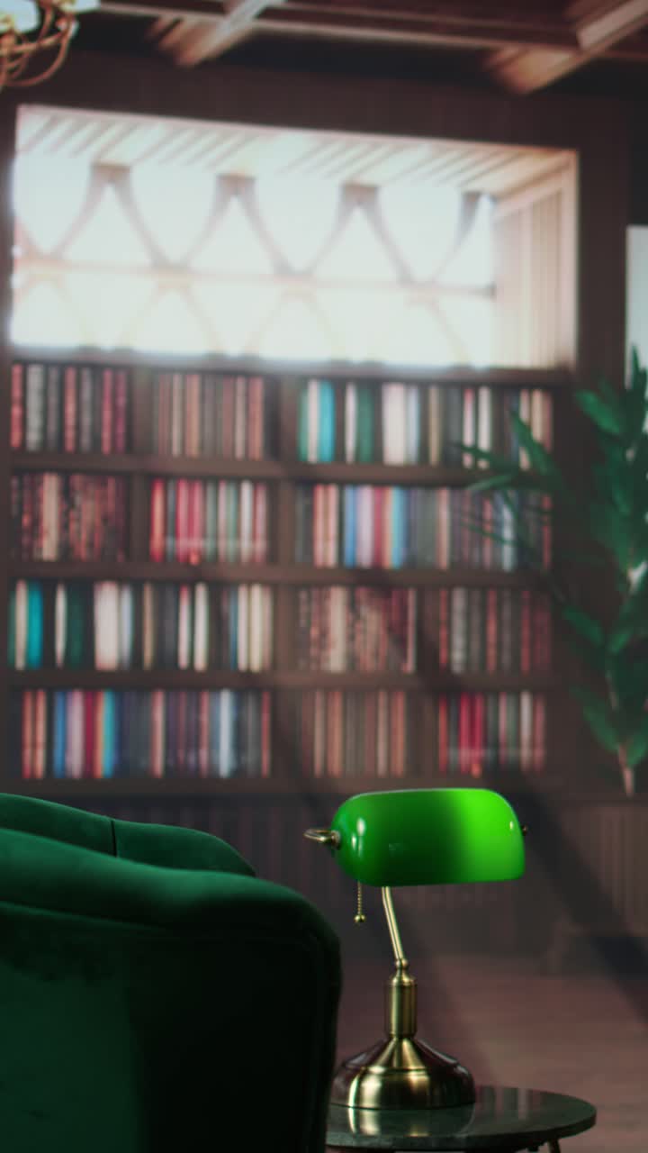 Cozy Library Interior with Bookshelf, Armchair, and Banker's Lamp