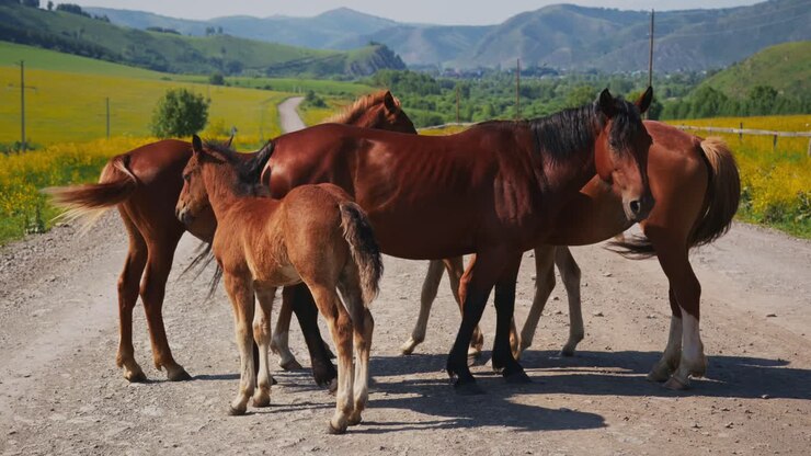 Cavalli marroni e puledro in piedi su una strada rurale in montagna