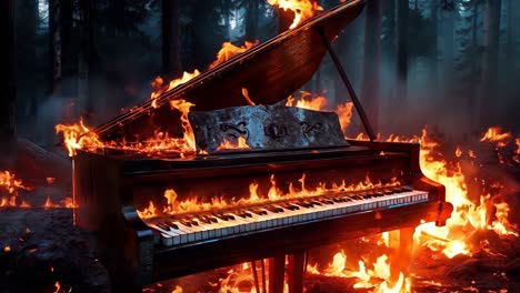 un piano en el medio de un bosque en llamas