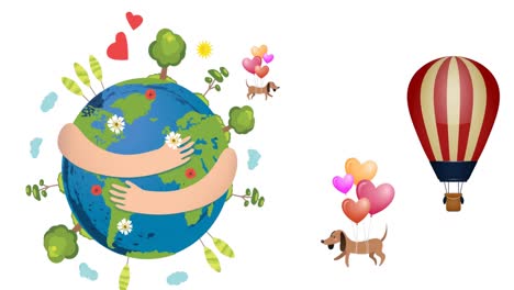 animation of balloon and dog with heart over hands holding globe on white background