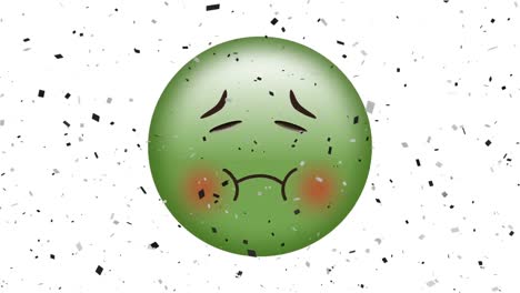 animation of green sick emoji icon on white back ground with falling confetti