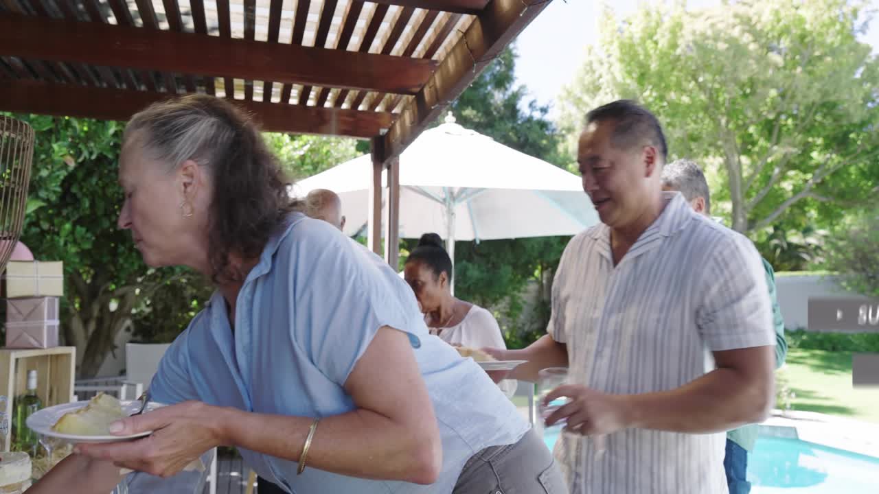 Host arranging cake at yard, leading guests serving dessert, media overlays appearing and obscuring