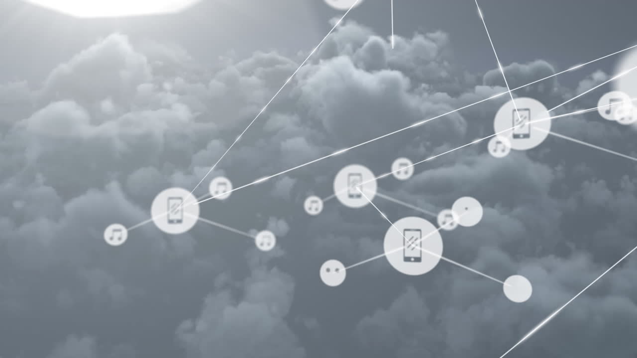 Animation of network of digital icons against dark clouds